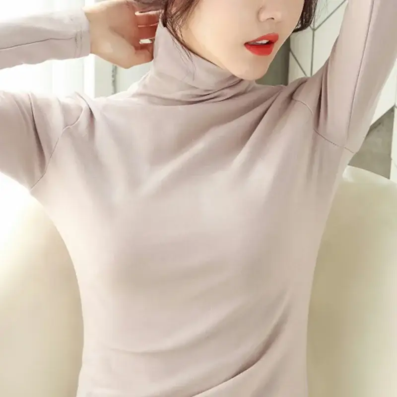 Women's White High-Neck Long Sleeve T-Shirt Solid Color - Image 20
