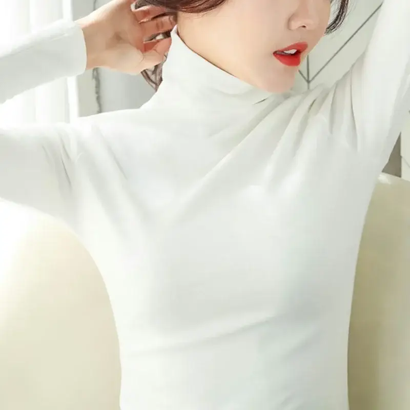 Women's White High-Neck Long Sleeve T-Shirt Solid Color - Image 7