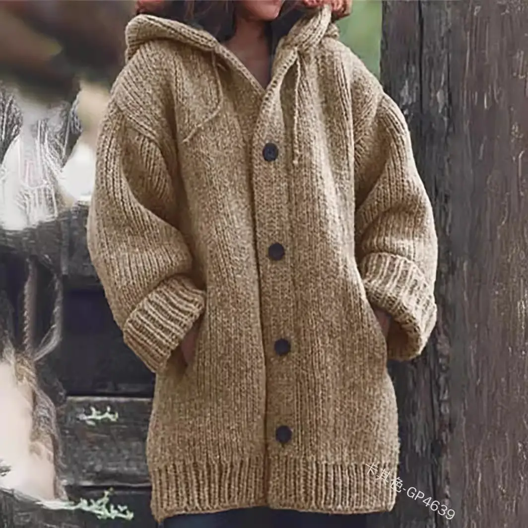 Mid-Length Hooded Knitted Jacket Grey Women - Image 12