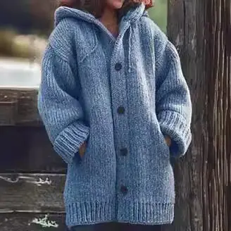 Mid-Length Hooded Knitted Jacket Grey Women - Image 14