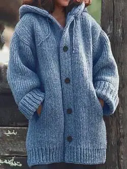 Mid-Length Hooded Knitted Jacket Grey Women - Image 8