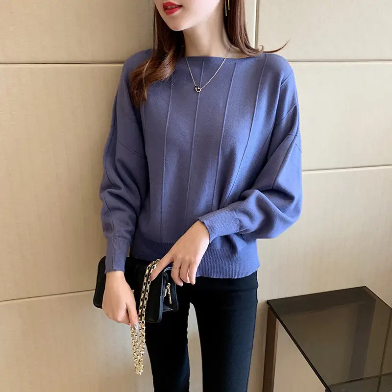 Women's Blue Knitted Loose Sleeve Sweater - Image 10
