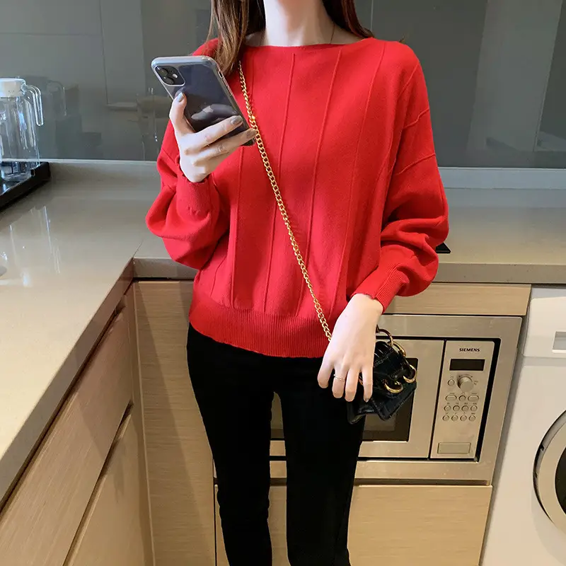 Women's Blue Knitted Loose Sleeve Sweater - Image 11