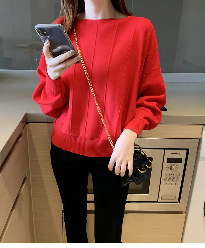 Women's Blue Knitted Loose Sleeve Sweater — feature 10