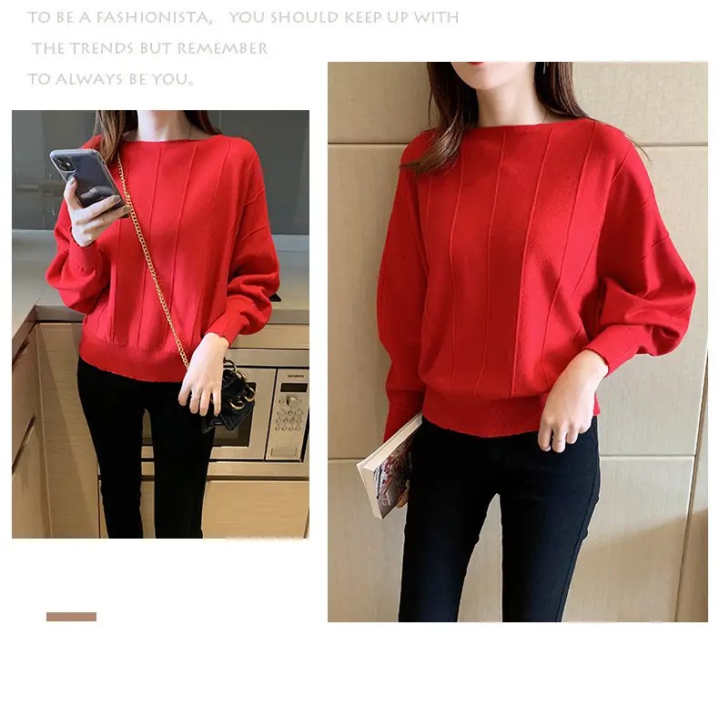 Women's Blue Knitted Loose Sleeve Sweater — feature 11