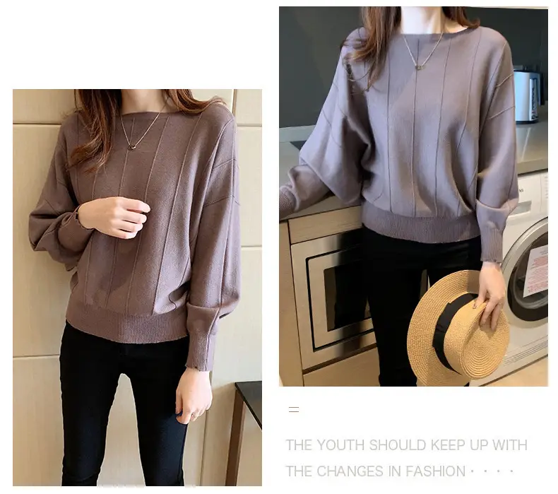 Women's Blue Knitted Loose Sleeve Sweater — feature 14