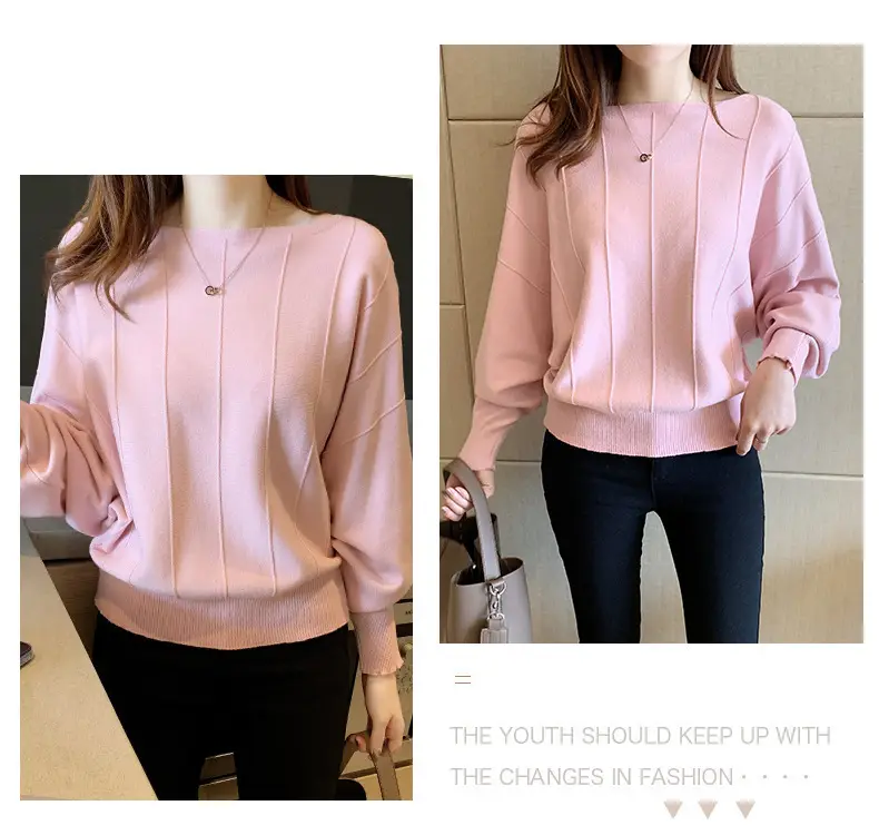 Women's Blue Knitted Loose Sleeve Sweater — feature 17