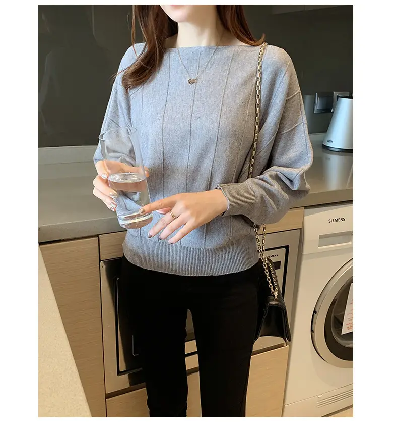 Women's Blue Knitted Loose Sleeve Sweater — feature 25