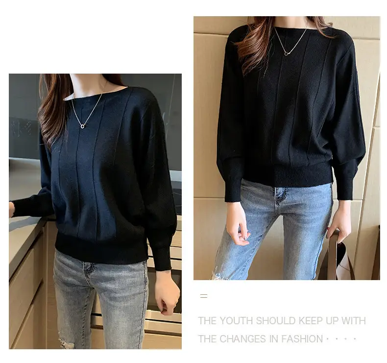 Women's Blue Knitted Loose Sleeve Sweater — feature 29