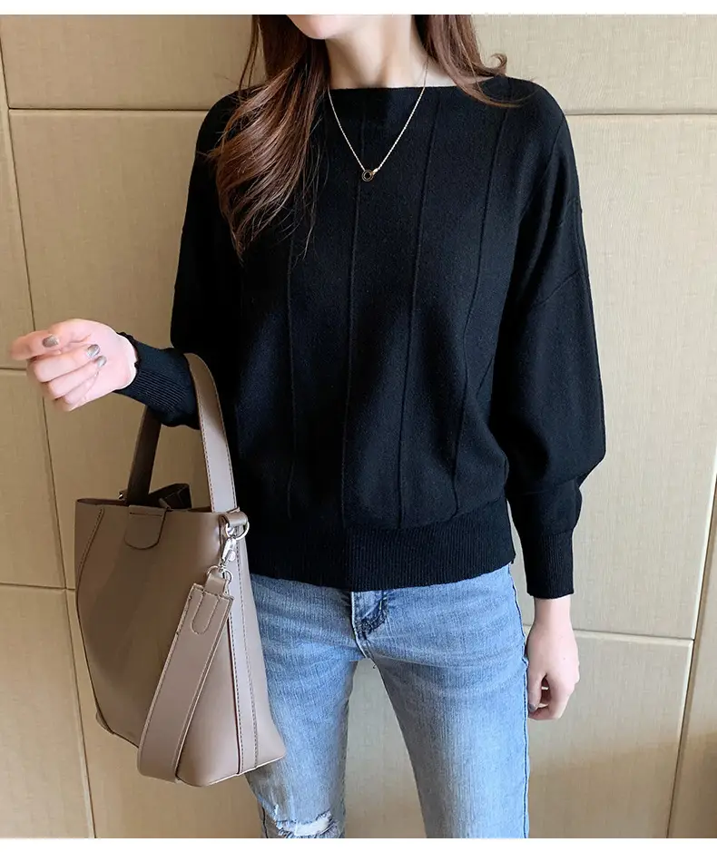 Women's Blue Knitted Loose Sleeve Sweater — feature 30