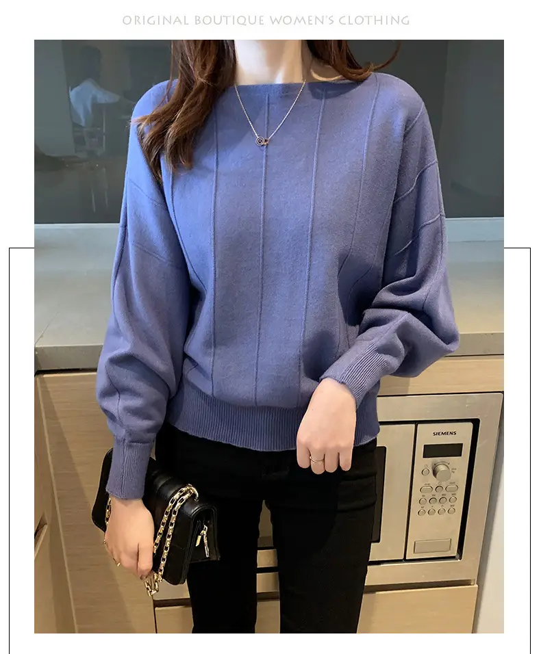 Women's Blue Knitted Loose Sleeve Sweater — feature 7