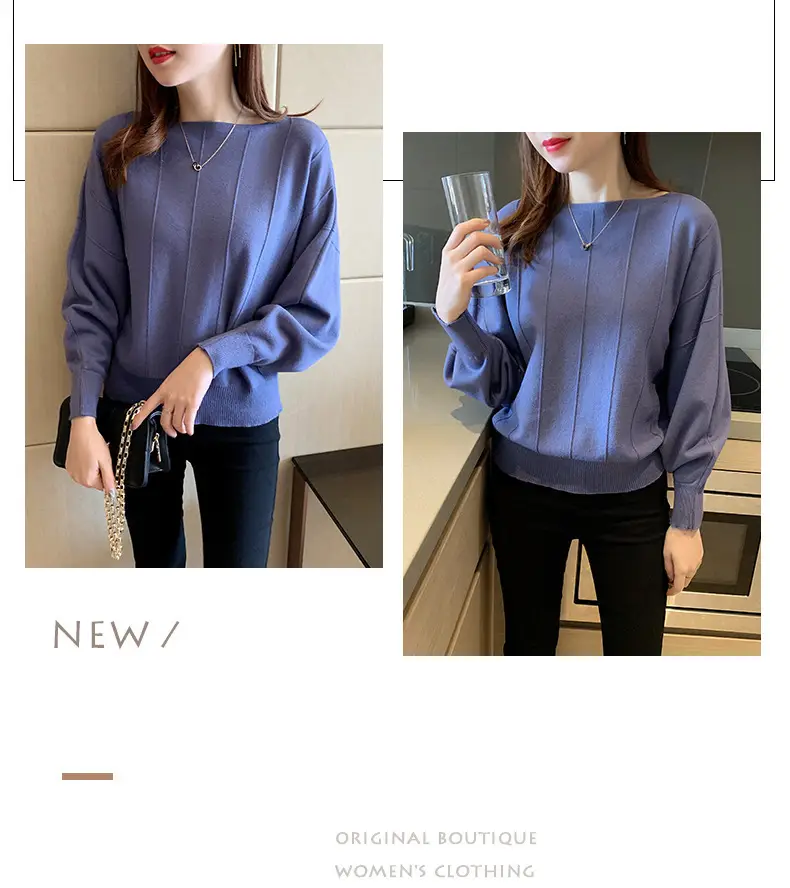 Women's Blue Knitted Loose Sleeve Sweater — feature 8