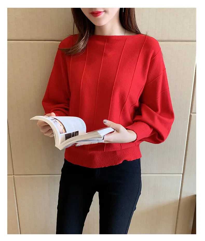 Women's Blue Knitted Loose Sleeve Sweater — feature 9