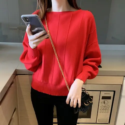 Women's Blue Knitted Loose Sleeve Sweater - Image 4