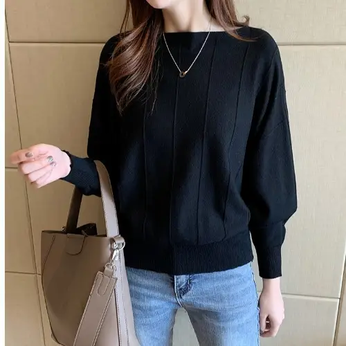 Women's Blue Knitted Loose Sleeve Sweater - Image 6