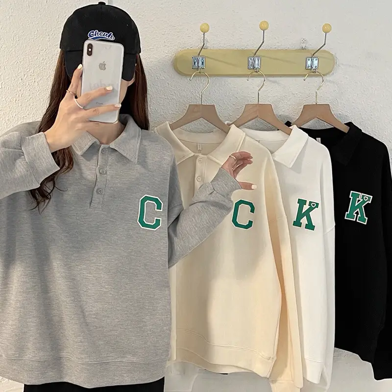 2024 Korean Style Black Polo Lapel Sweatshirt for Women - Image 6