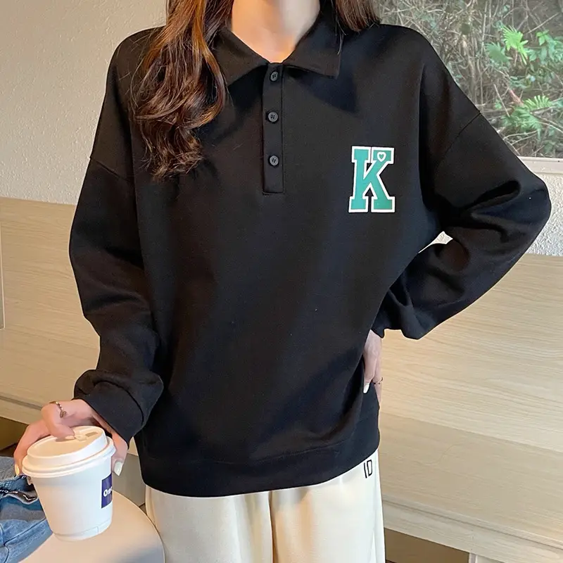 2024 Korean Style Black Polo Lapel Sweatshirt for Women - Image 7