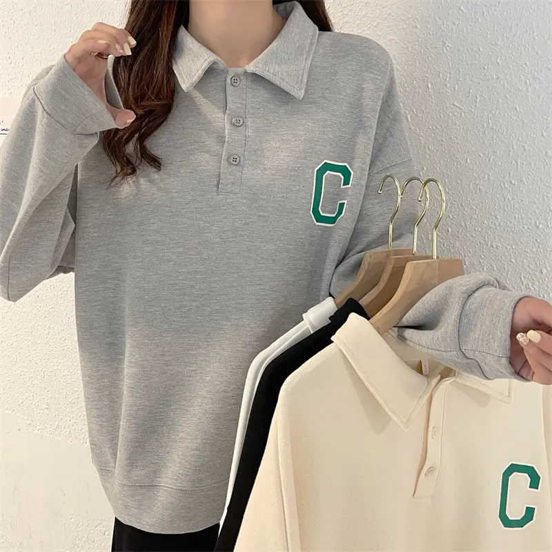 2024 Korean Style Black Polo Lapel Sweatshirt for Women — feature 10