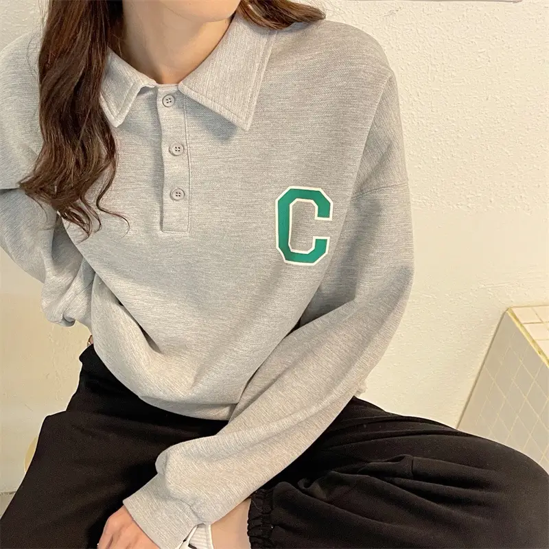 2024 Korean Style Black Polo Lapel Sweatshirt for Women — feature 11
