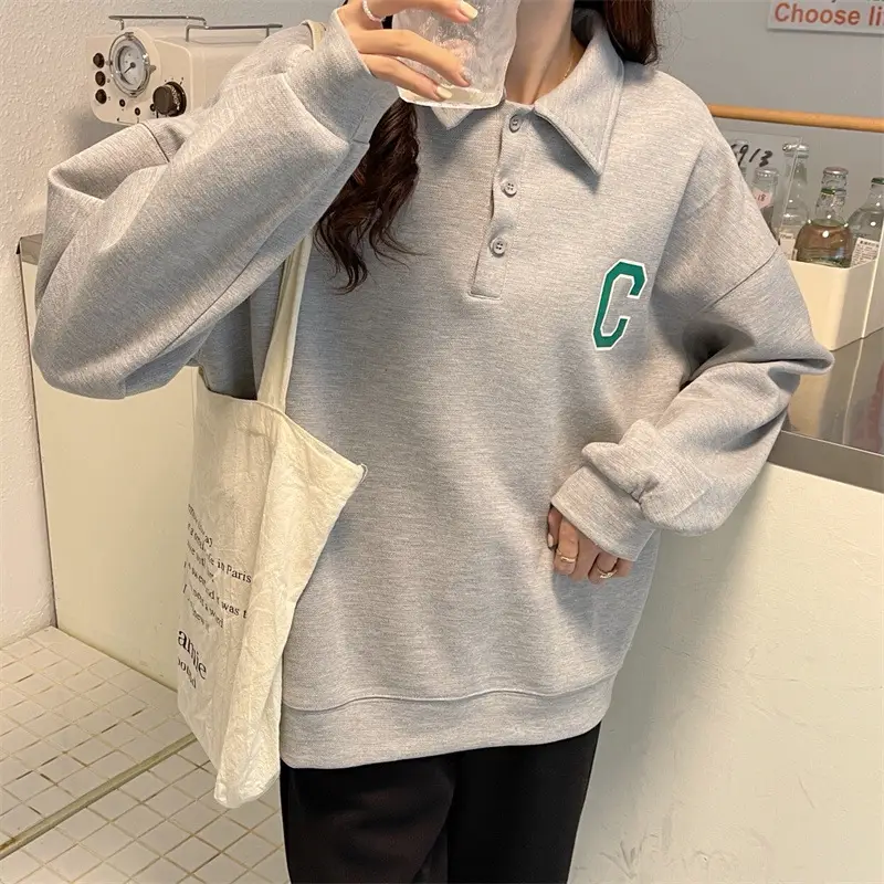 2024 Korean Style Black Polo Lapel Sweatshirt for Women — feature 12