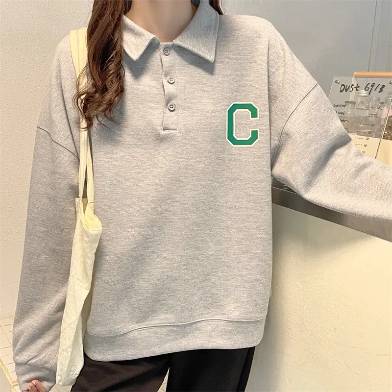 2024 Korean Style Black Polo Lapel Sweatshirt for Women — feature 13