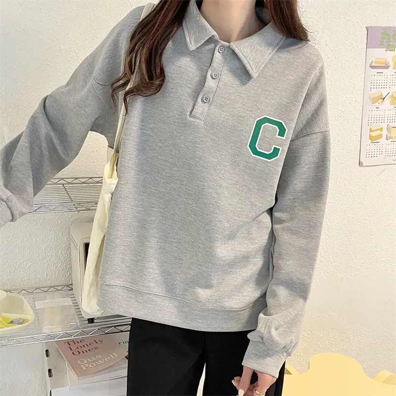2024 Korean Style Black Polo Lapel Sweatshirt for Women — feature 14