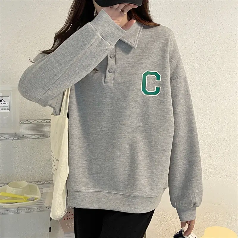 2024 Korean Style Black Polo Lapel Sweatshirt for Women — feature 15