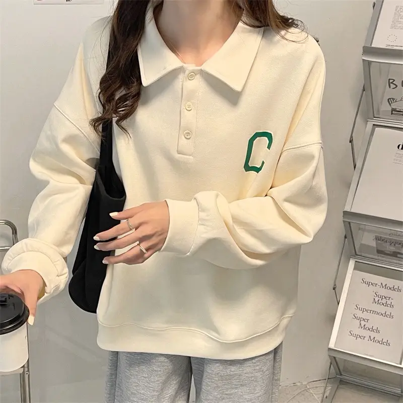2024 Korean Style Black Polo Lapel Sweatshirt for Women — feature 16
