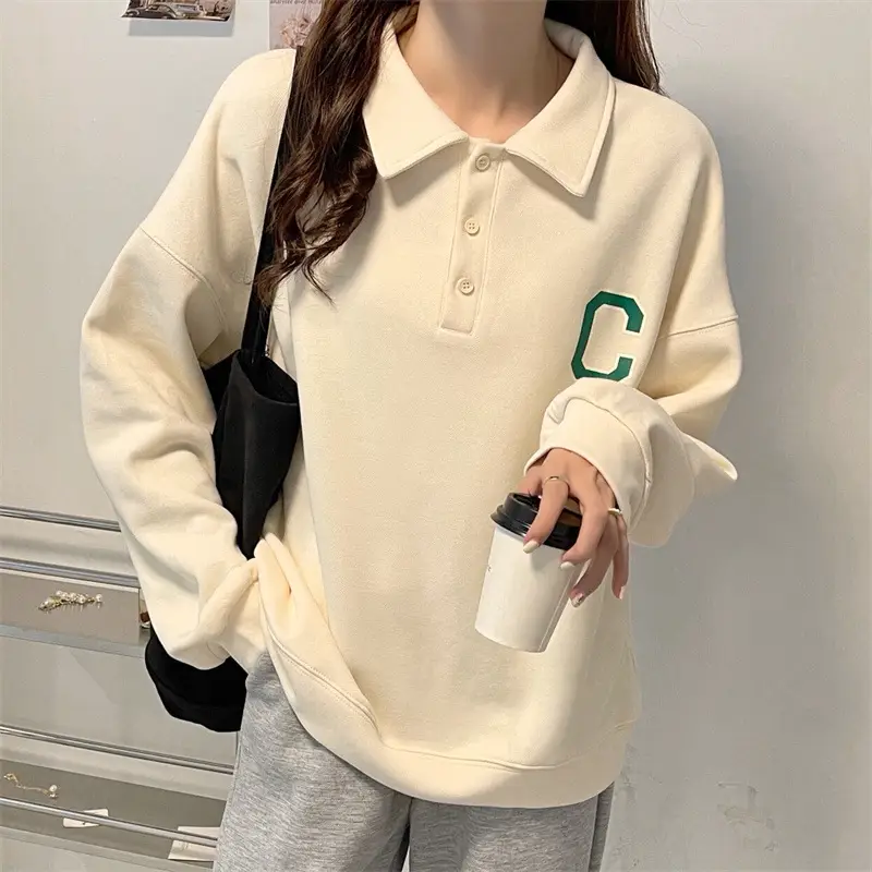 2024 Korean Style Black Polo Lapel Sweatshirt for Women — feature 17