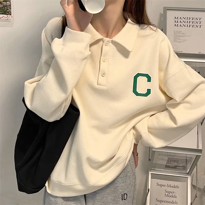 2024 Korean Style Black Polo Lapel Sweatshirt for Women — feature 18