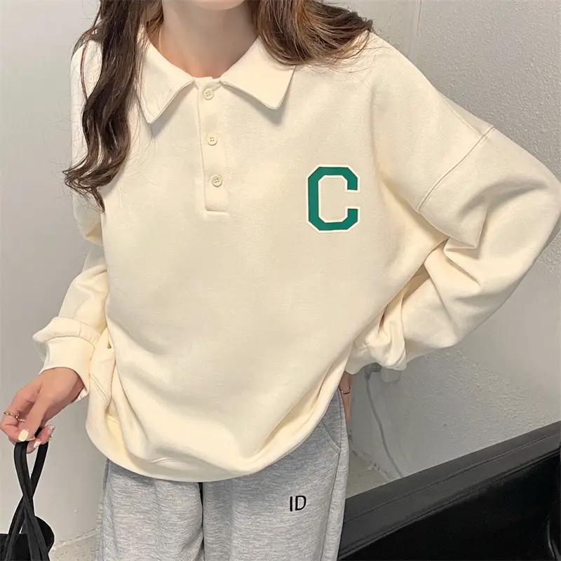 2024 Korean Style Black Polo Lapel Sweatshirt for Women — feature 19