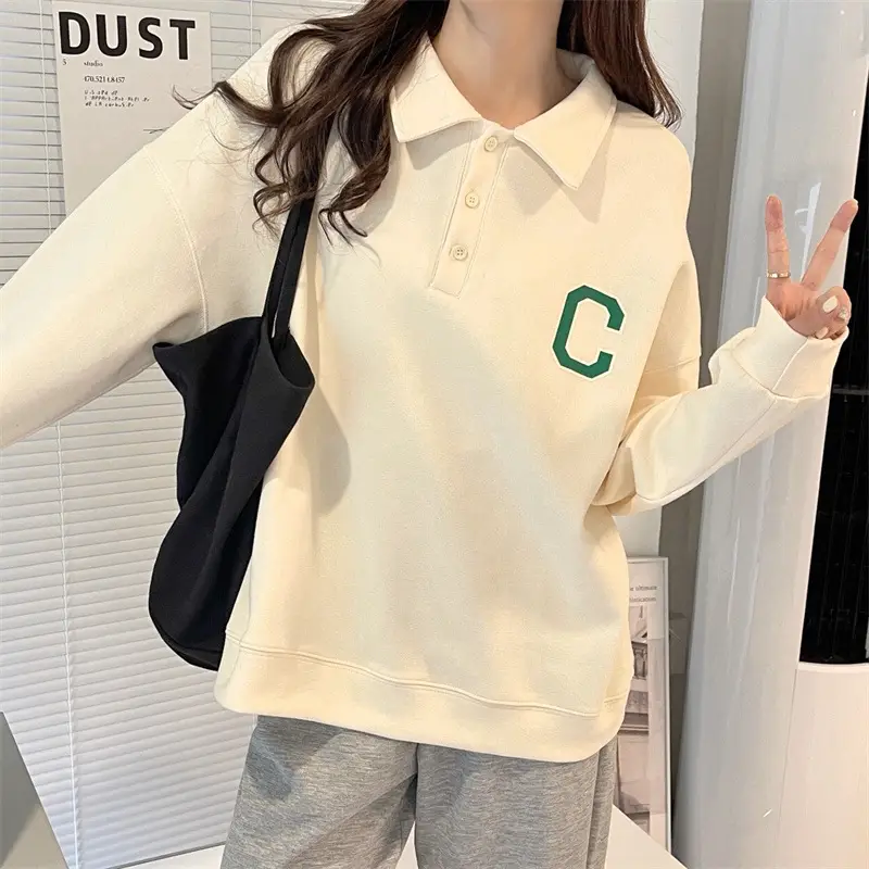 2024 Korean Style Black Polo Lapel Sweatshirt for Women — feature 20