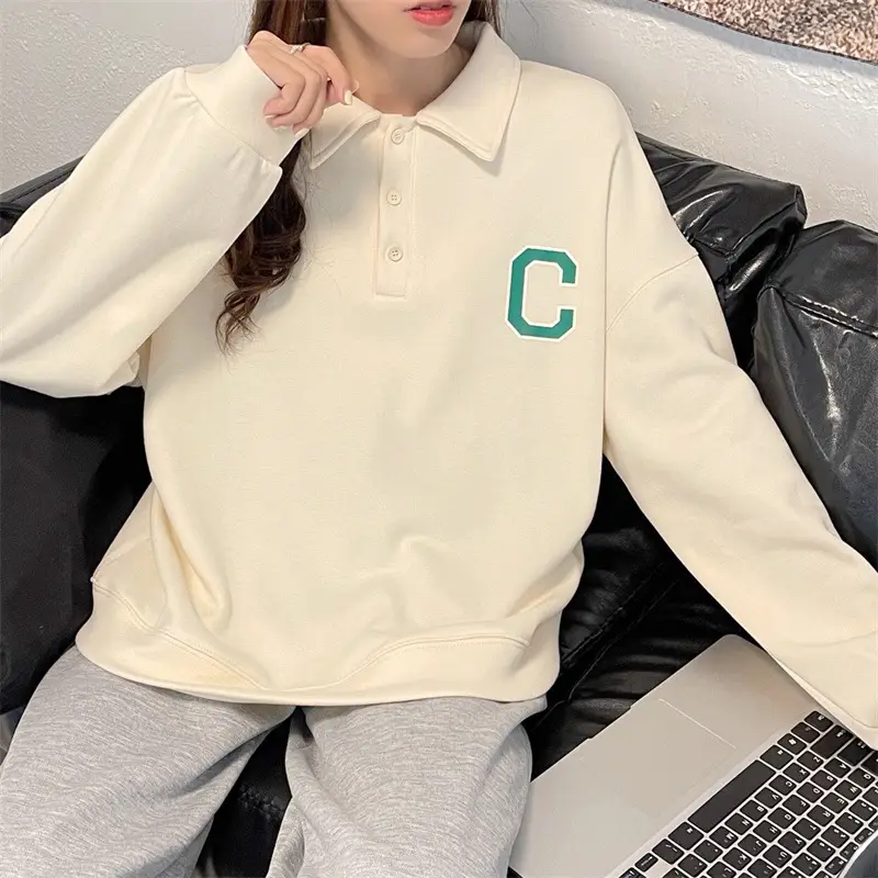 2024 Korean Style Black Polo Lapel Sweatshirt for Women — feature 21