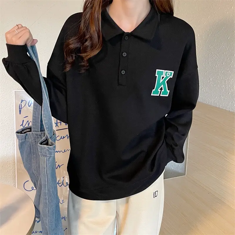 2024 Korean Style Black Polo Lapel Sweatshirt for Women — feature 23