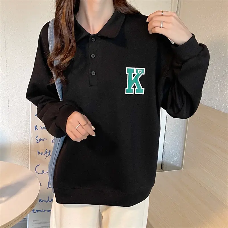 2024 Korean Style Black Polo Lapel Sweatshirt for Women — feature 24
