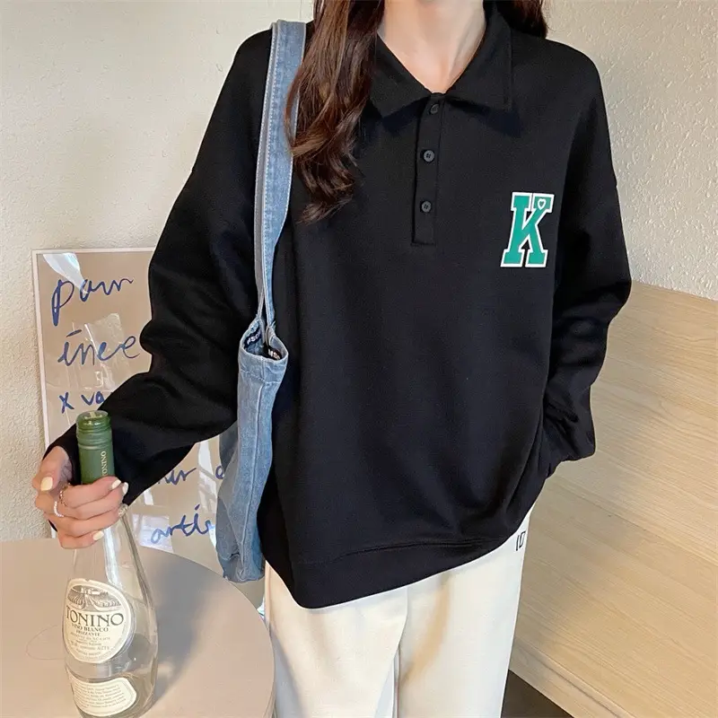 2024 Korean Style Black Polo Lapel Sweatshirt for Women — feature 25