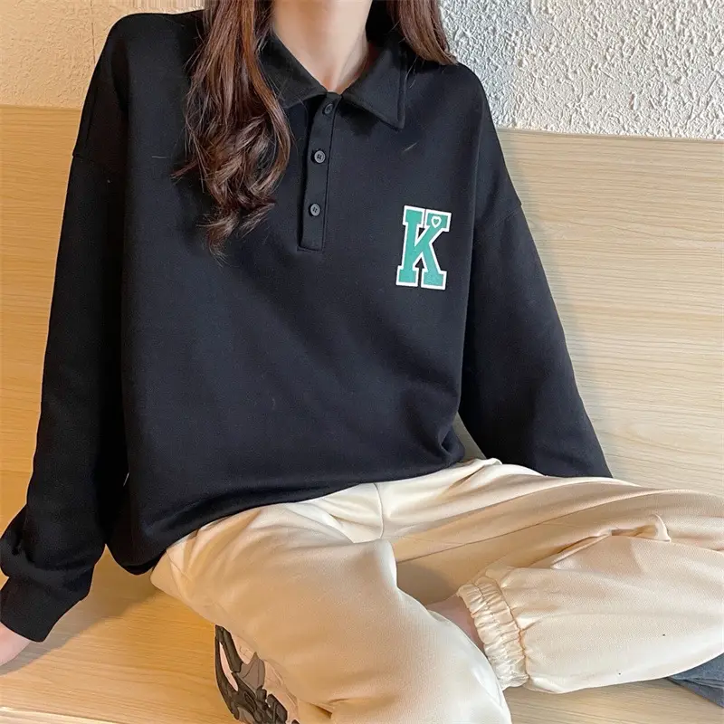 2024 Korean Style Black Polo Lapel Sweatshirt for Women — feature 26