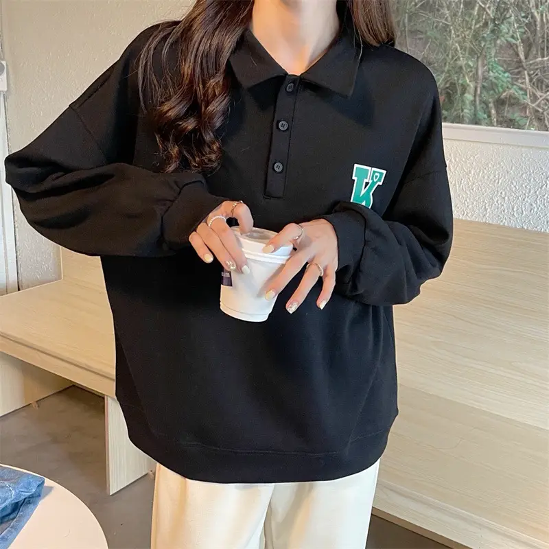 2024 Korean Style Black Polo Lapel Sweatshirt for Women — feature 27