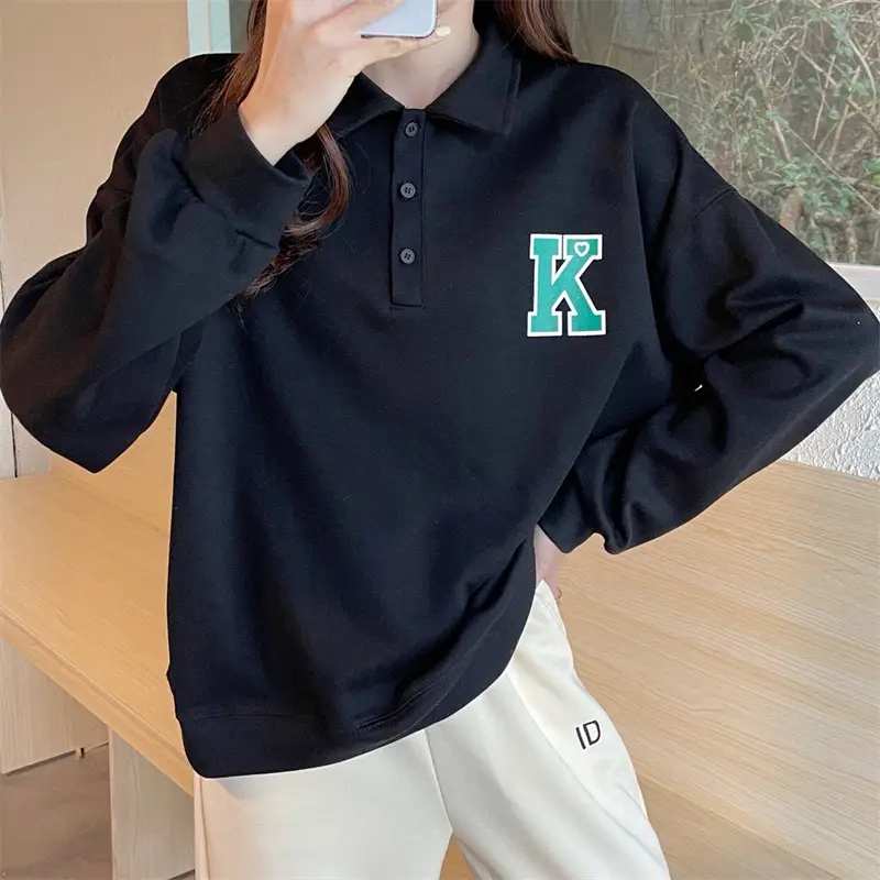 2024 Korean Style Black Polo Lapel Sweatshirt for Women — feature 28