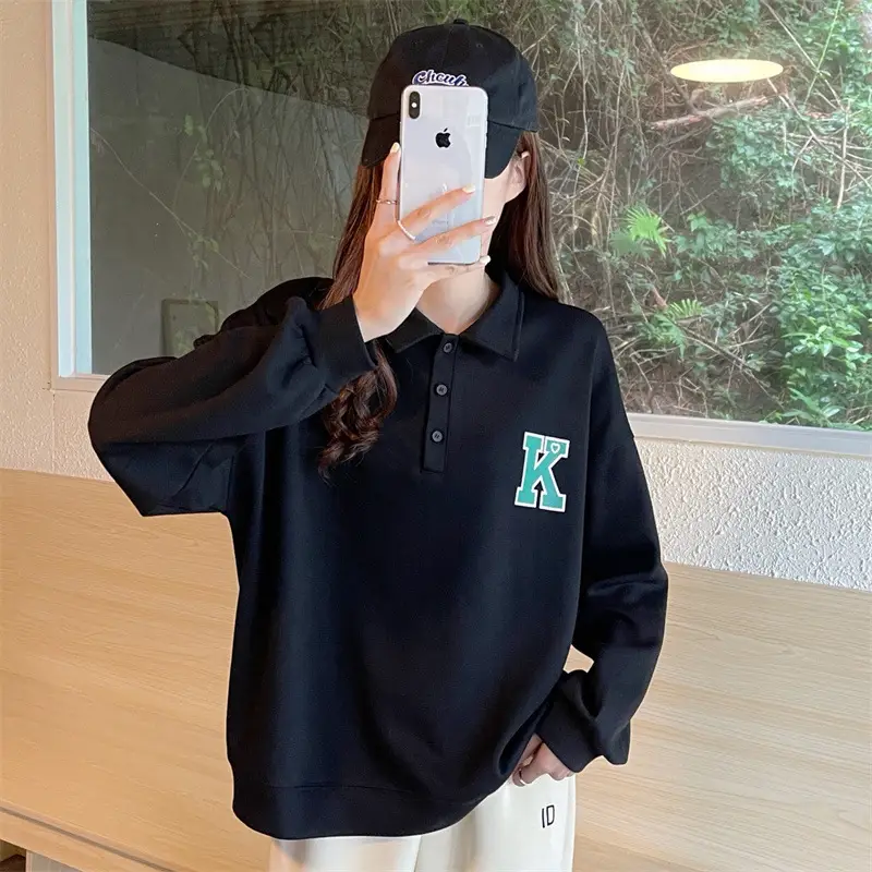 2024 Korean Style Black Polo Lapel Sweatshirt for Women — feature 29