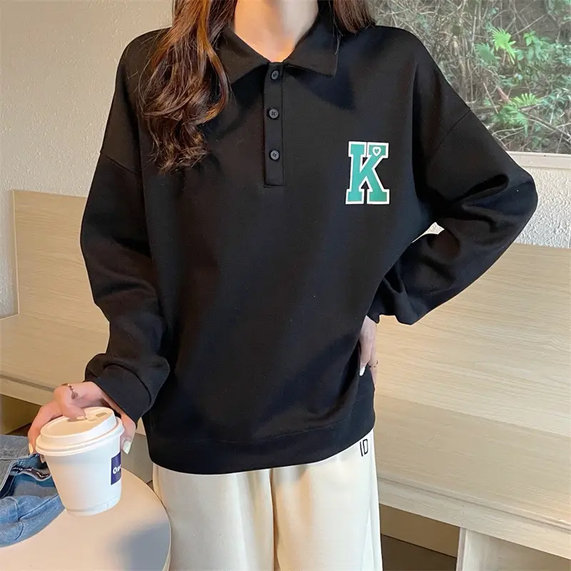 2024 Korean Style Black Polo Lapel Sweatshirt for Women — feature 30