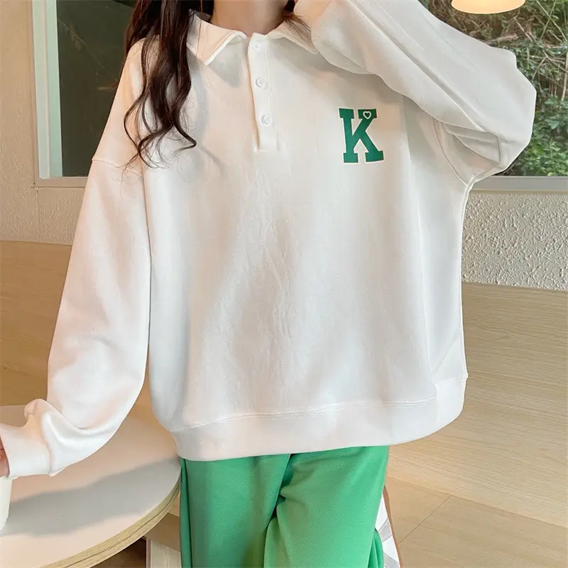 2024 Korean Style Black Polo Lapel Sweatshirt for Women — feature 31