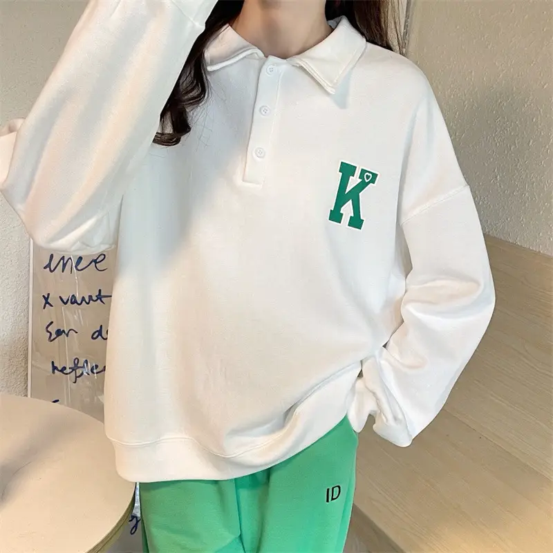 2024 Korean Style Black Polo Lapel Sweatshirt for Women — feature 32