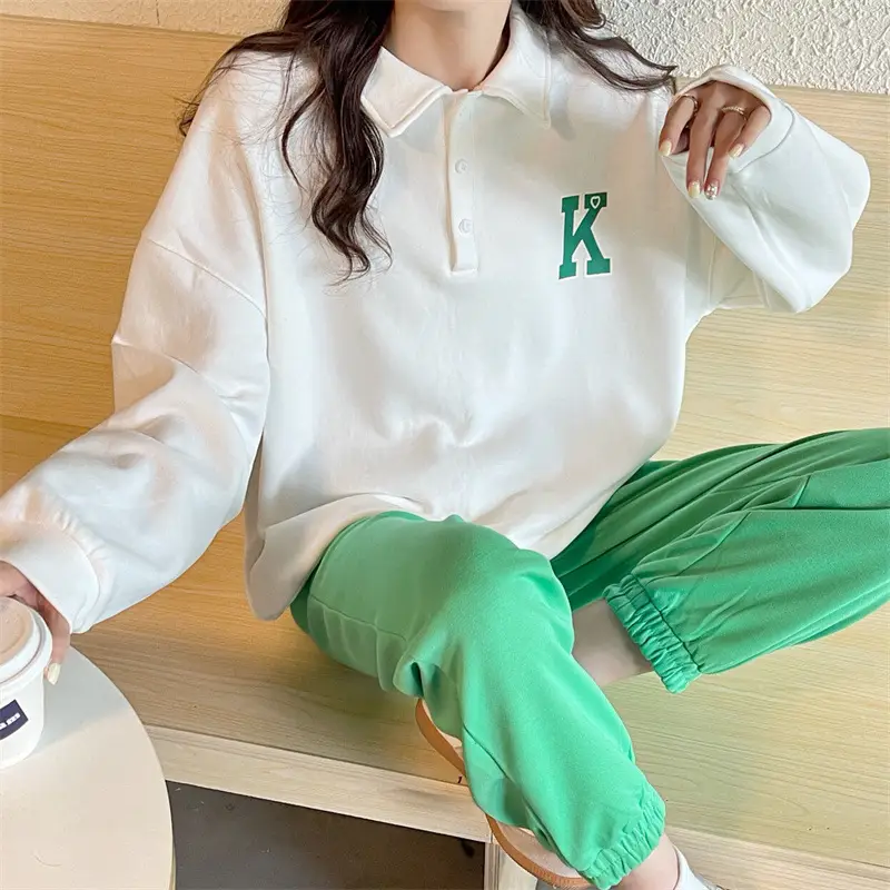 2024 Korean Style Black Polo Lapel Sweatshirt for Women — feature 33