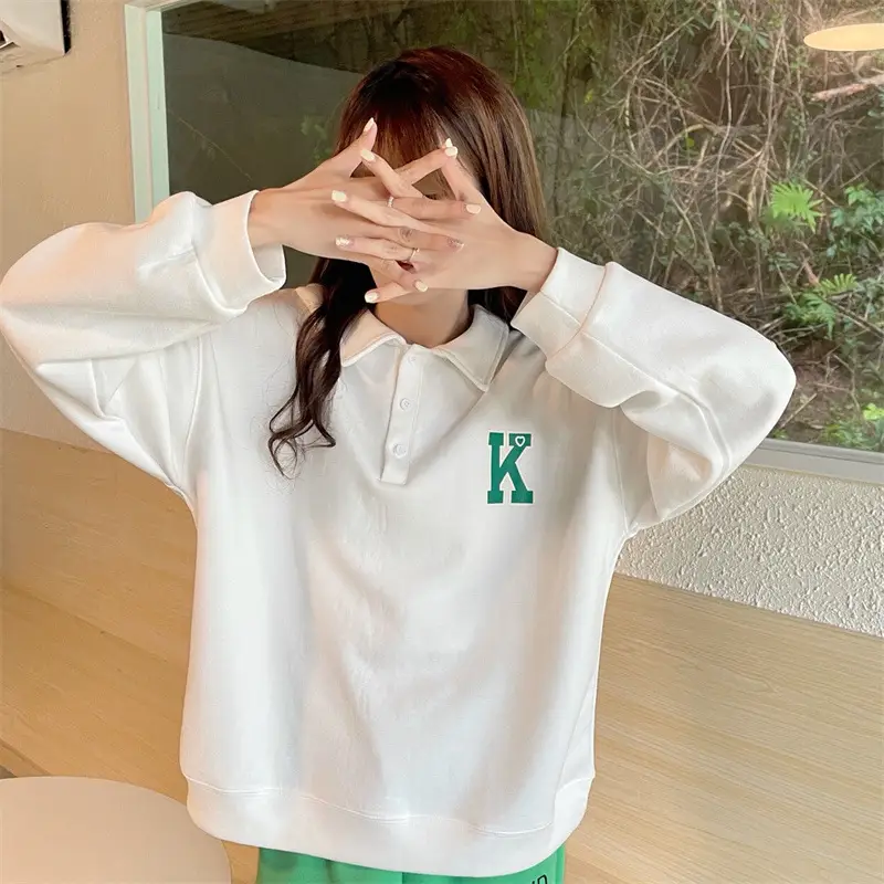 2024 Korean Style Black Polo Lapel Sweatshirt for Women — feature 34