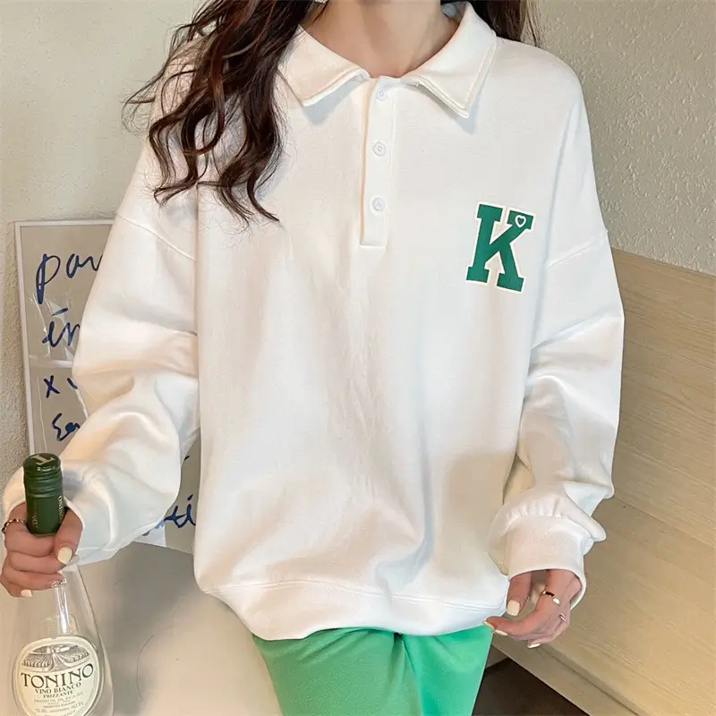 2024 Korean Style Black Polo Lapel Sweatshirt for Women — feature 36