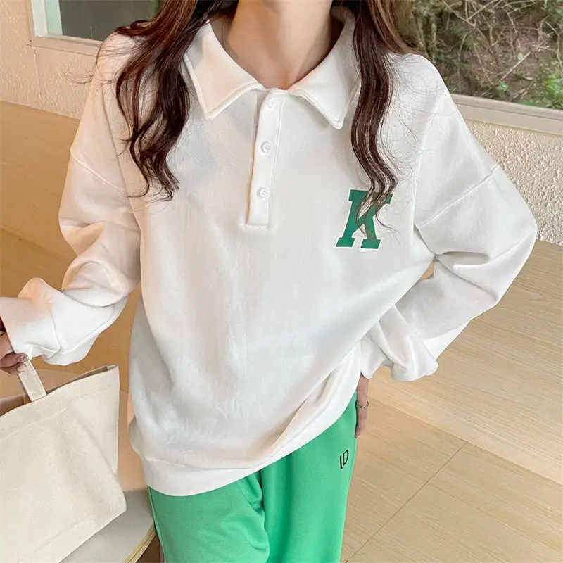 2024 Korean Style Black Polo Lapel Sweatshirt for Women — feature 37