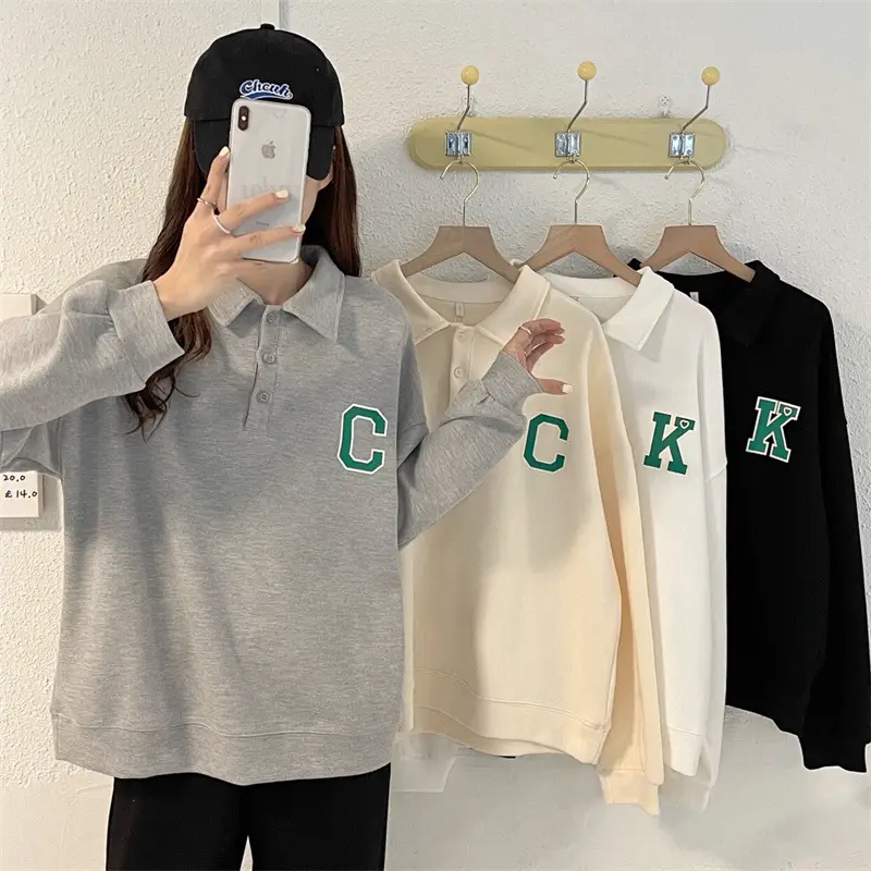 2024 Korean Style Black Polo Lapel Sweatshirt for Women — feature 5