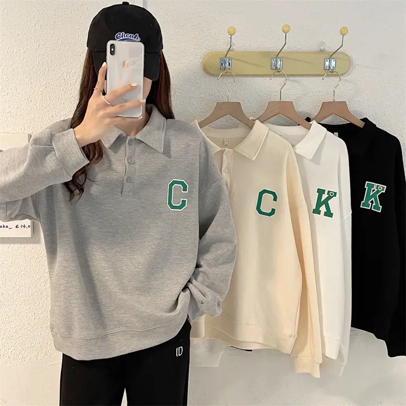 2024 Korean Style Black Polo Lapel Sweatshirt for Women — feature 6