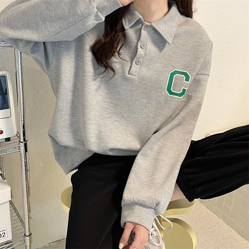 2024 Korean Style Black Polo Lapel Sweatshirt for Women — feature 8